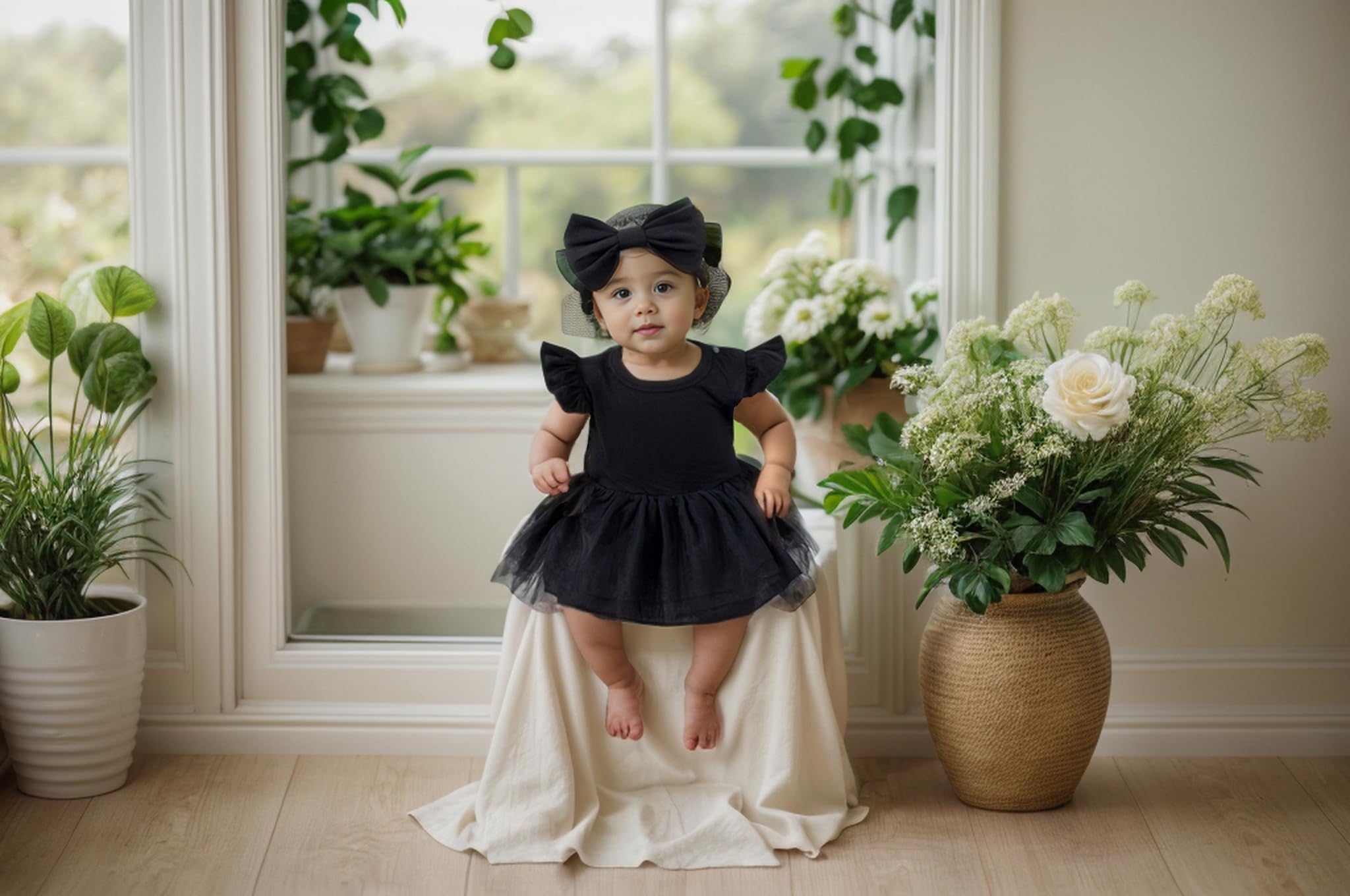 Magic Park Infant Tulle Dress Baby Girl Ruffle Sleeve Romper Dress Solid Color Tutu Skirt with Headband Holidays Clothes (Black, 6 Months)