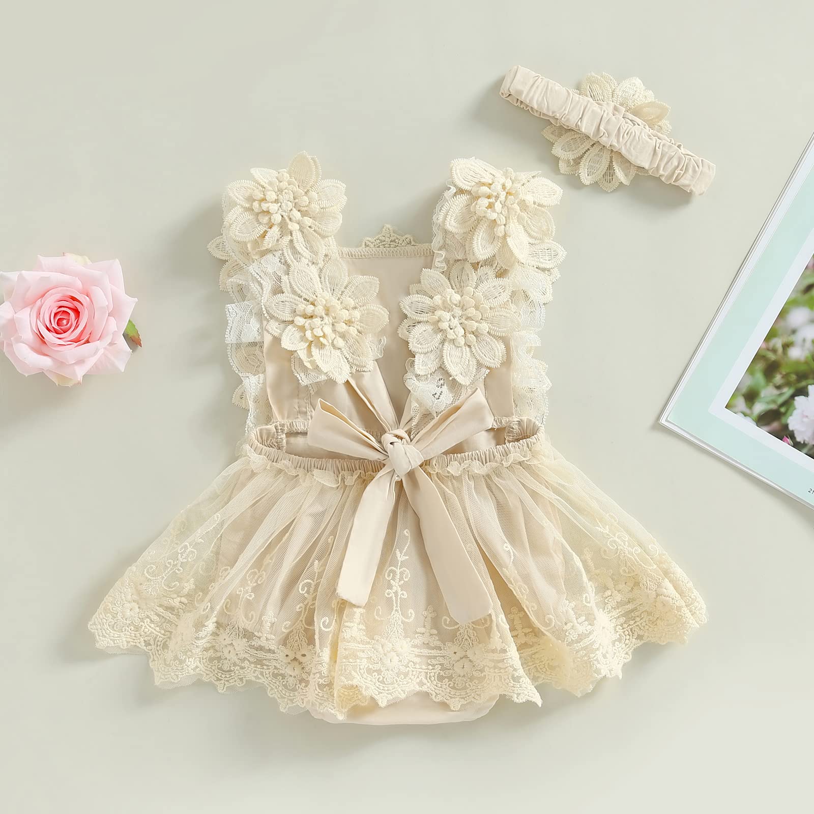 Engofs Newborn Baby Girl Lace Romper Boho Clothes Princess Dress 1st Birthday Photoshoot Cake Smash Outfit Apricot 12-18 Months