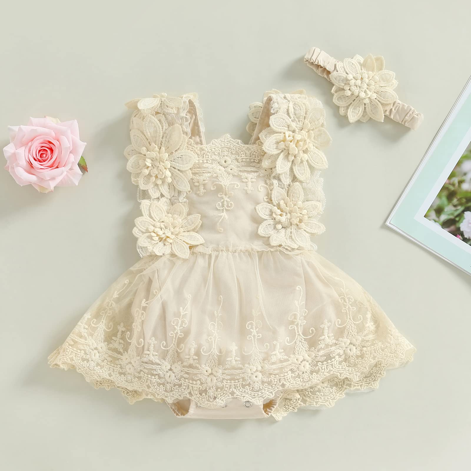 Engofs Newborn Baby Girl Lace Romper Boho Clothes Princess Dress 1st Birthday Photoshoot Cake Smash Outfit Apricot 12-18 Months