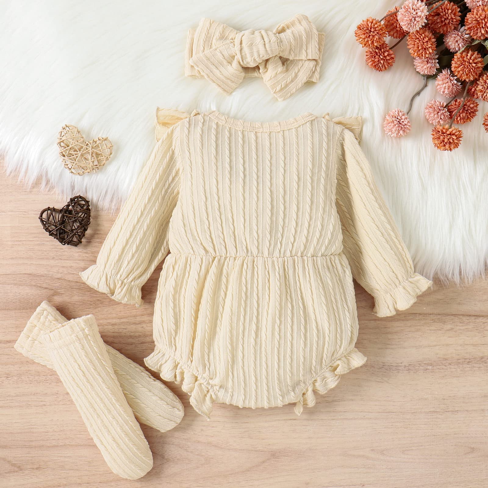 ZAXARRA Newborn Baby Girls Clothes Long Sleeve Button Front Ruffle Romper Socks Headband 3Pcs Set Fall Winter Outfits (Beige, 0-3 Months)