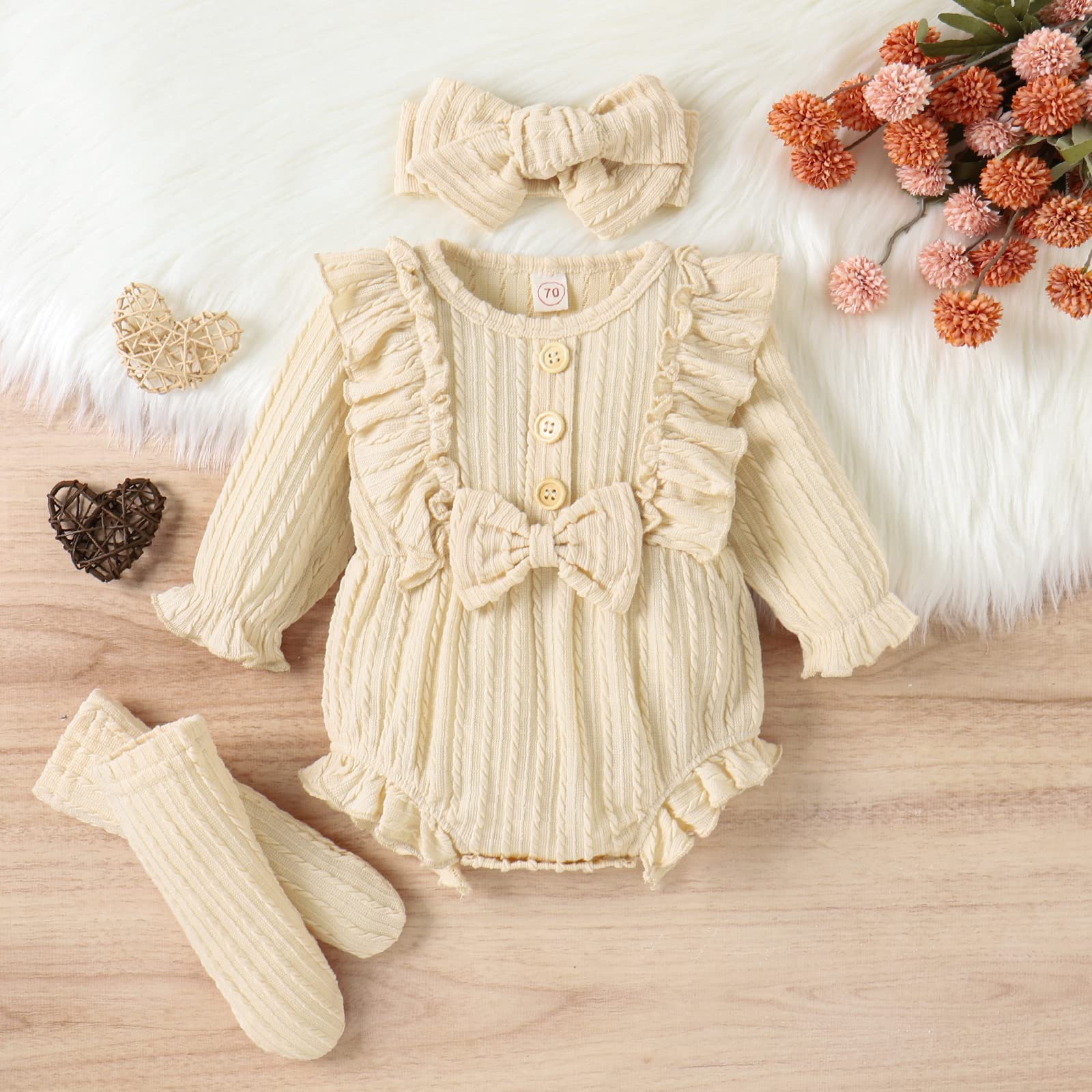 ZAXARRA Newborn Baby Girls Clothes Long Sleeve Button Front Ruffle Romper Socks Headband 3Pcs Set Fall Winter Outfits (Beige, 0-3 Months)