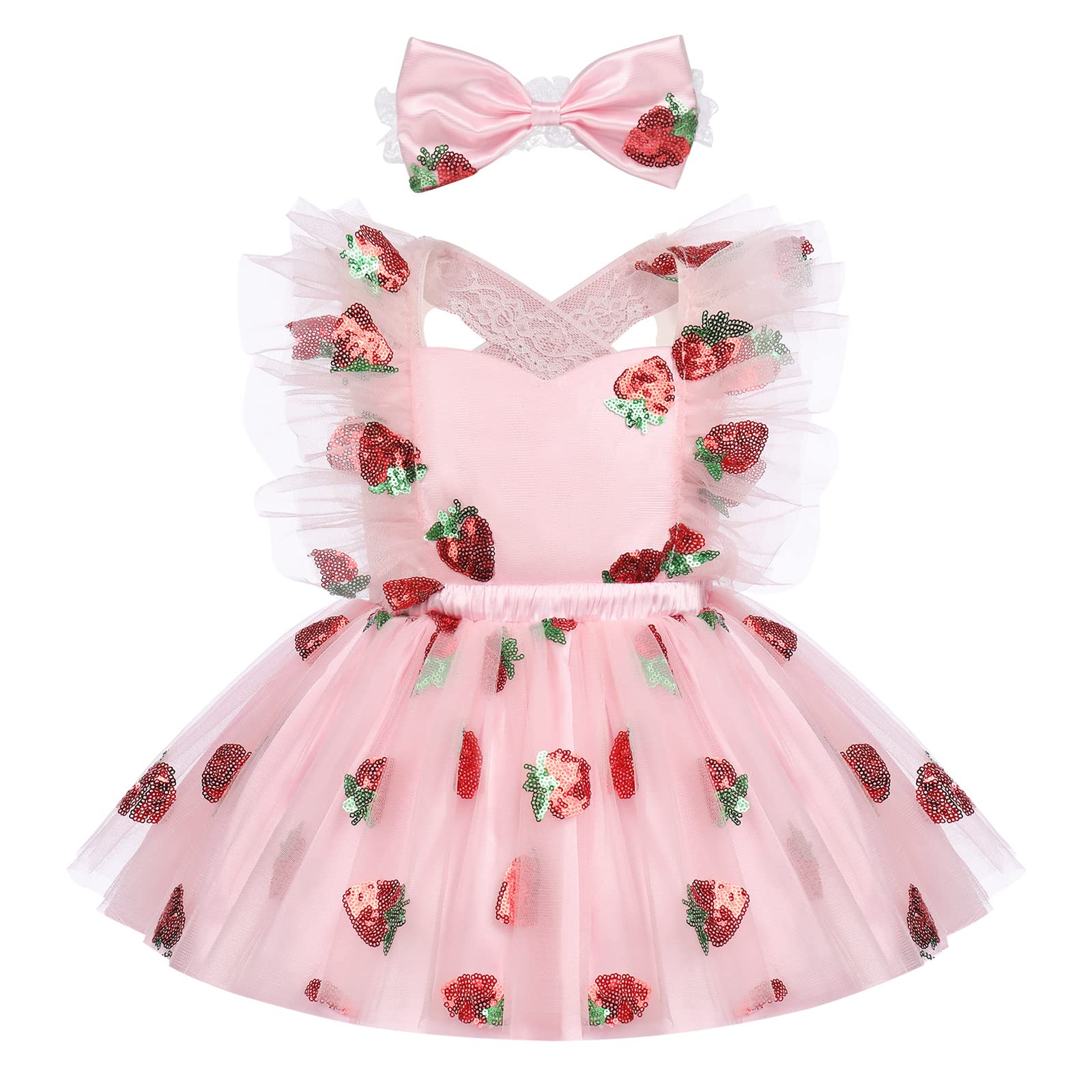 Baby Girls Sequin Strawberry Tutu Dress Summer Sleeveless Lace Princess Birthday Party Dresses Toddler Girl Communion Pageant Flower Bow Sundress with Headband Outfit Pink Strawberry 3-6 Months