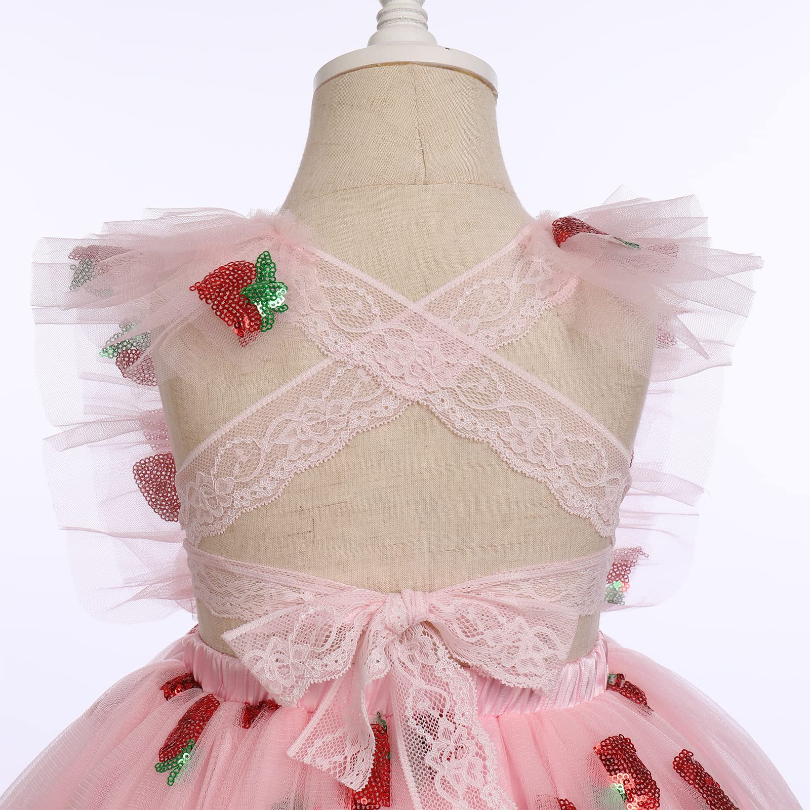 Baby Girls Sequin Strawberry Tutu Dress Summer Sleeveless Lace Princess Birthday Party Dresses Toddler Girl Communion Pageant Flower Bow Sundress with Headband Outfit Pink Strawberry 3-6 Months