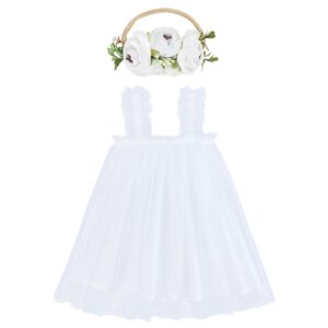 Century Star 1st First Birthday Outfit Girl Half Easter Dresses for Baby Girls Tulle Tutu Dress Toddler Infant One 1 Year Old Gifts Festival Dress up Sundress Flower Headband White 9-12 Months