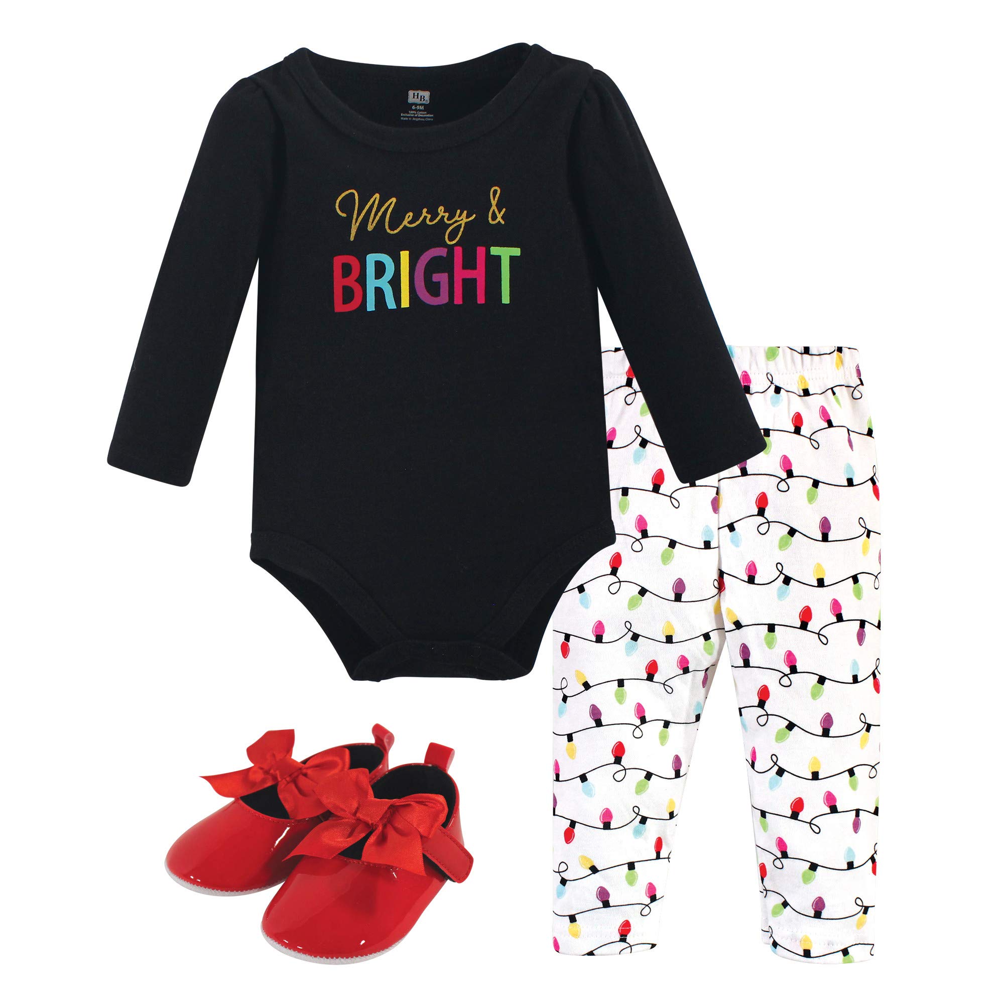 Hudson Baby Unisex Baby Cotton Bodysuit, Pant and Shoe Set, Merry & Bright, 9-12 Months