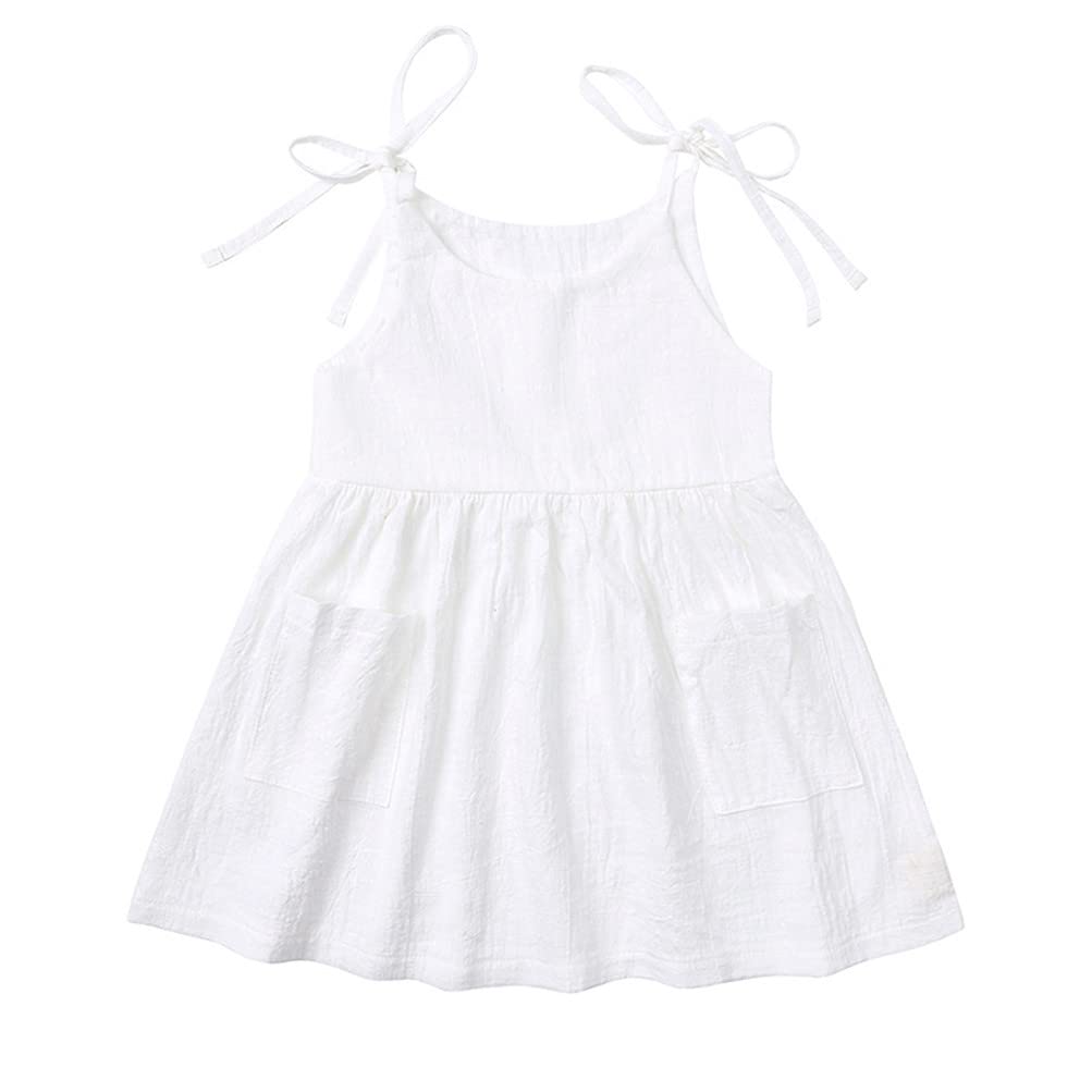 RUKOSU Toddler Baby Girl Summer Cotton Linen Sling White Dresses Bow Straps Sleeveless with Pockets Casual Beach Sundress White 9-12 Months