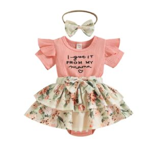 newborn infant baby girl summer outfit clothes floral short sleeve romper dress ruffle bodysuit headband (pink, 0-6 months)