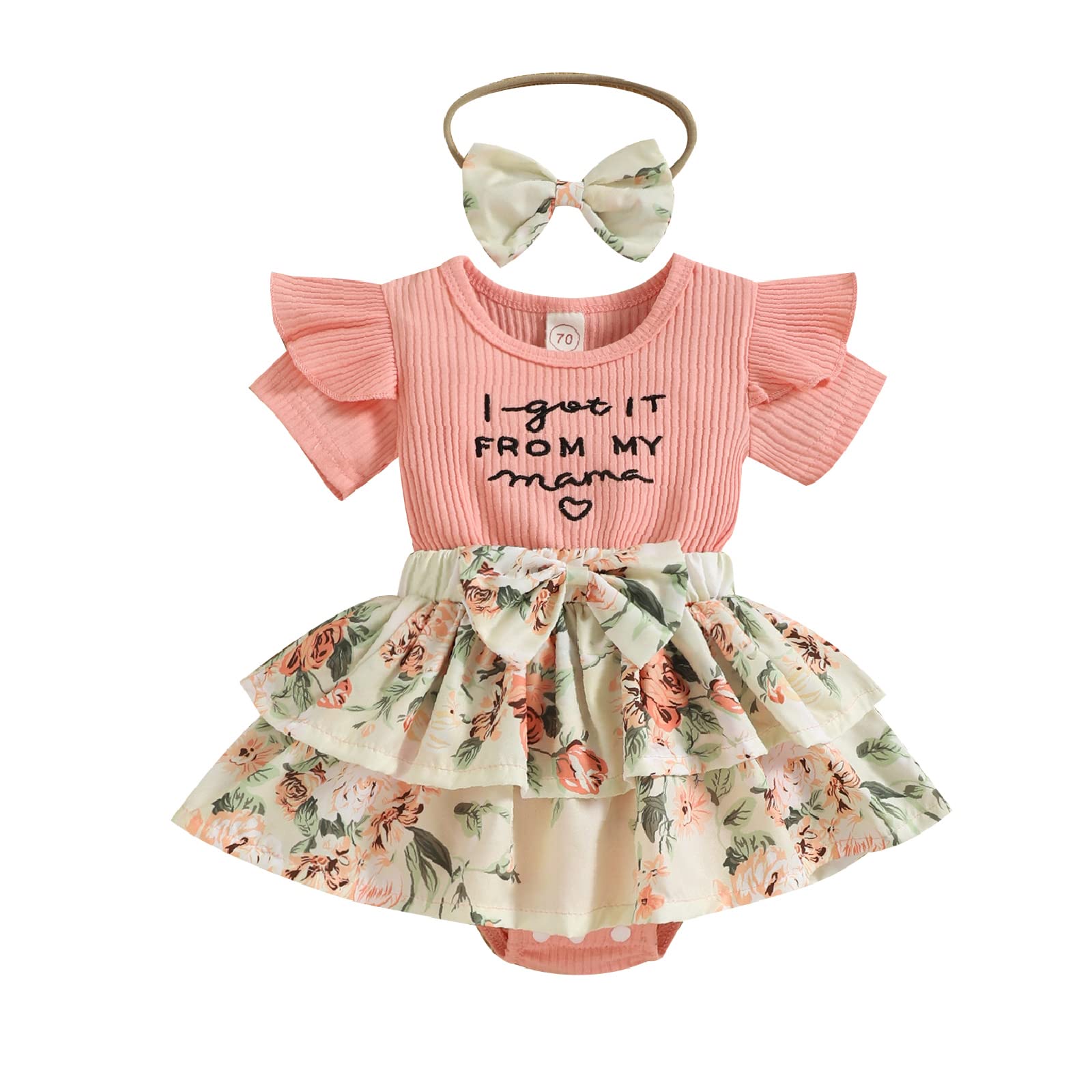 Newborn Infant Baby Girl Summer Outfit Clothes Floral Short Sleeve Romper Dress Ruffle Bodysuit Headband (Pink, 0-6 Months)