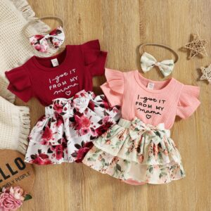 Newborn Infant Baby Girl Summer Outfit Clothes Floral Short Sleeve Romper Dress Ruffle Bodysuit Headband (Pink, 0-6 Months)