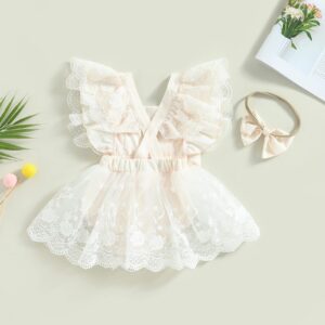 Kayotuas Newborn Infant Baby Girls Butterfly Sleeve Romper Clothes Ruffle Lace Bodysuit Tutu Dress Jumpsuit Princess Outfit (Apricot Bow Lace Romper,12-18 Months)