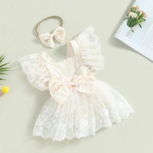 Kayotuas Newborn Infant Baby Girls Butterfly Sleeve Romper Clothes Ruffle Lace Bodysuit Tutu Dress Jumpsuit Princess Outfit (Apricot Bow Lace Romper,12-18 Months)