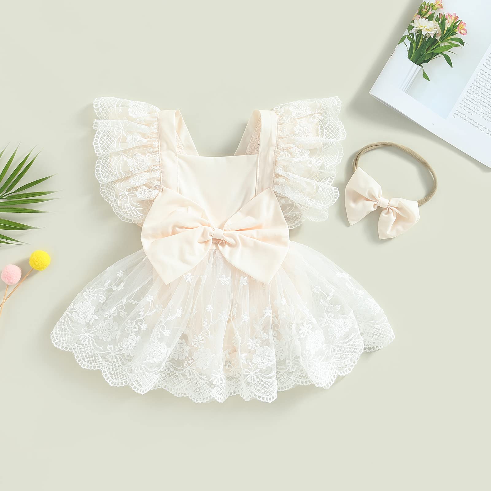 Kayotuas Newborn Infant Baby Girls Butterfly Sleeve Romper Clothes Ruffle Lace Bodysuit Tutu Dress Jumpsuit Princess Outfit (Apricot Bow Lace Romper,12-18 Months)