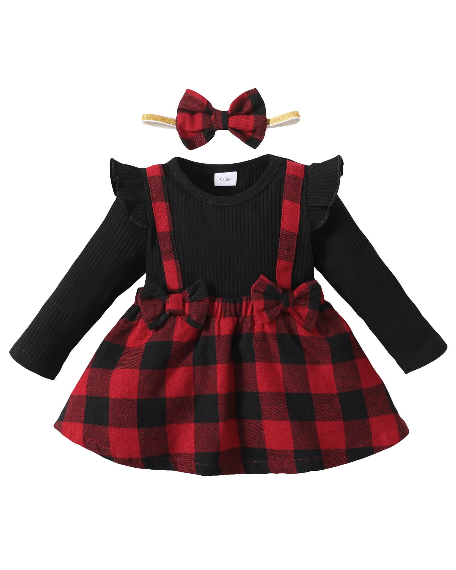 HIGHUZZA 3-6 Month Baby Girl Clothes Newborn Dress Infant Romper Fall Outfits Winter Jumpsuit Girl's Clothing Overall Plaid Stripes Girl Skirt Set with Headband Black