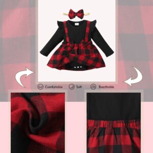 HIGHUZZA 3-6 Month Baby Girl Clothes Newborn Dress Infant Romper Fall Outfits Winter Jumpsuit Girl's Clothing Overall Plaid Stripes Girl Skirt Set with Headband Black