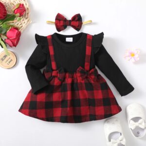 HIGHUZZA 3-6 Month Baby Girl Clothes Newborn Dress Infant Romper Fall Outfits Winter Jumpsuit Girl's Clothing Overall Plaid Stripes Girl Skirt Set with Headband Black