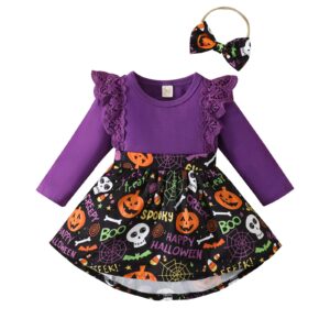 Guodeunh Newborn Baby Girl Halloween Outfits Ruffle Pumpkin Romper Tunic Drees Long Sleeve Skirt Set+Headband Fall Winter Clothes（Purple- Black,12-18 Months）