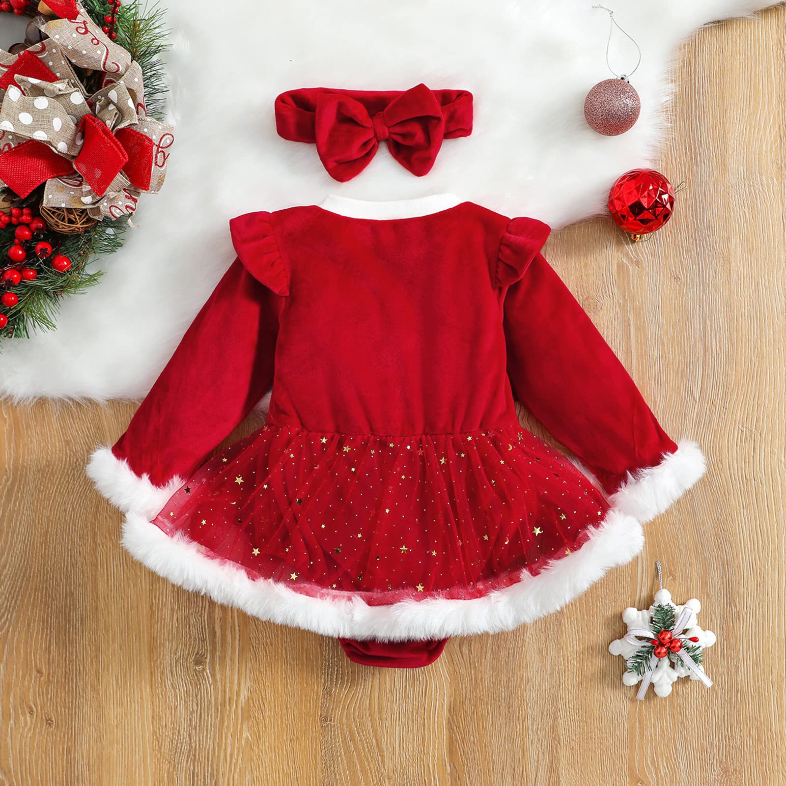 Yccutest Newborn Baby Girls Christmas Romper Dress Fur Trim Mesh Skirts Bodysuits Velvet Xmas Outfits Winter Clothes (red,0-6 Months)