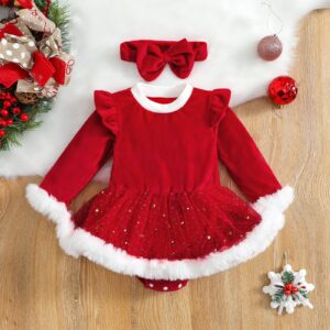 Yccutest Newborn Baby Girls Christmas Romper Dress Fur Trim Mesh Skirts Bodysuits Velvet Xmas Outfits Winter Clothes (red,0-6 Months)