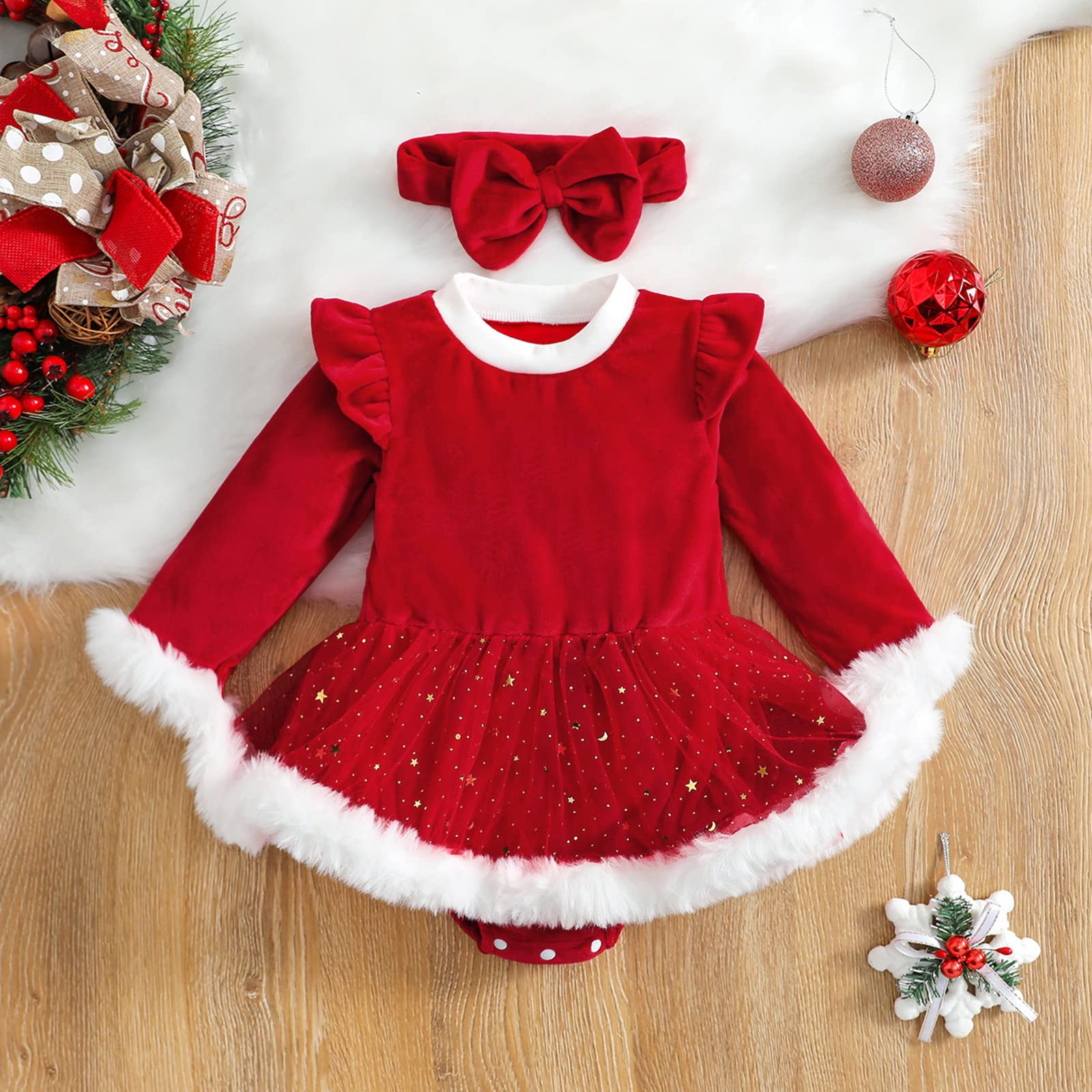 Yccutest Newborn Baby Girls Christmas Romper Dress Fur Trim Mesh Skirts Bodysuits Velvet Xmas Outfits Winter Clothes (red,0-6 Months)