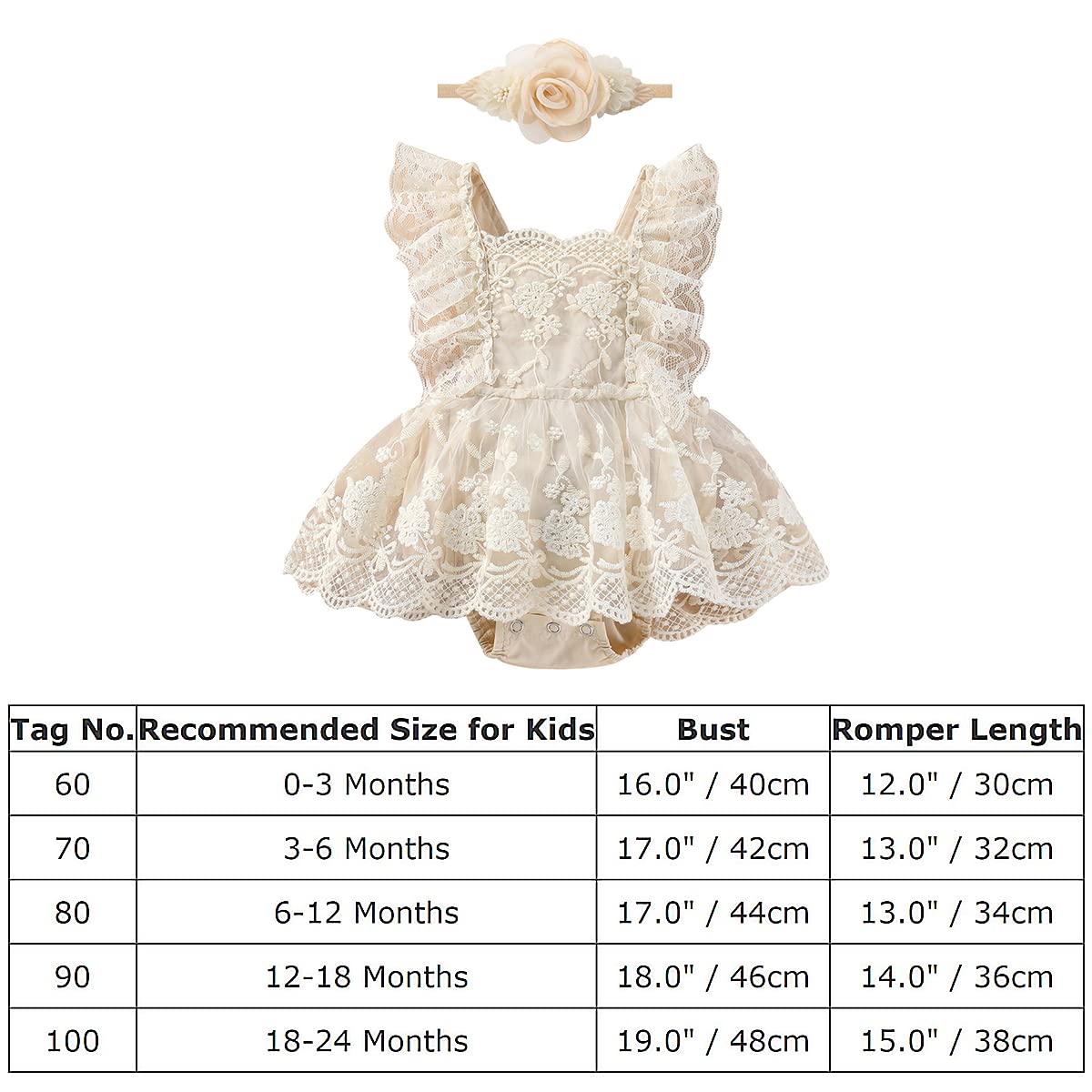 Newborn Baby Girl 1st Birthday Outfit Floral Lace Tulle Romper Tutu Dress Backless Jumpsuits Ruffled Fly Sleeves Ruffle Dresses Flower Headband One Year Cake Smash Princess Boho Clothes Photo Shoot