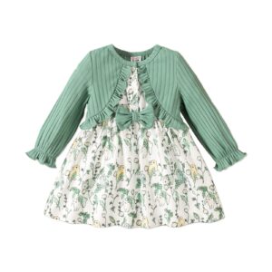 patpat baby girl cardigan ribbed long sleeve dress green faux-two piece floral printed bow spring outfit 3-6 months