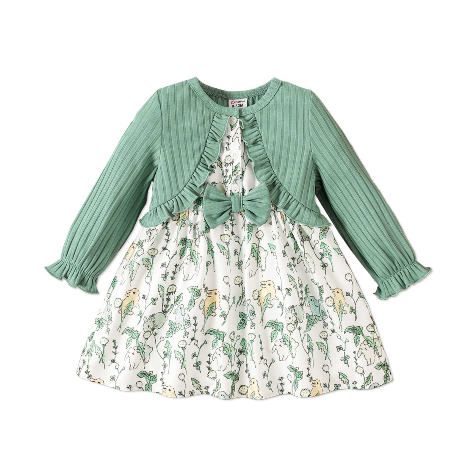 PATPAT Baby Girl Cardigan Ribbed Long Sleeve Dress Green Faux-Two Piece Floral Printed Bow Spring Outfit 3-6 Months