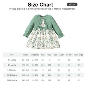 PATPAT Baby Girl Cardigan Ribbed Long Sleeve Dress Green Faux-Two Piece Floral Printed Bow Spring Outfit 3-6 Months