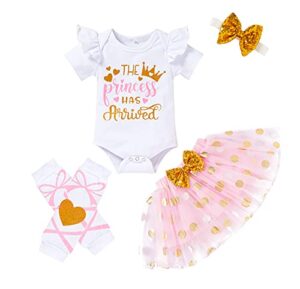 newborn baby girl skirt set infant letter print romper+tutu skirt+headband+legging warmer clothes outfit (dot pink, 0-3 months)