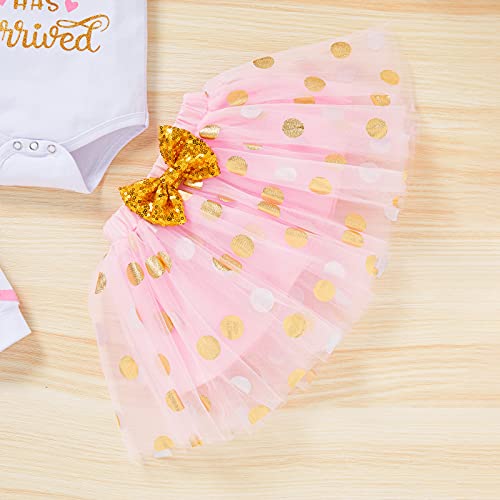 Newborn Baby Girl Skirt Set Infant Letter Print Romper+Tutu Skirt+Headband+Legging Warmer Clothes Outfit (Dot Pink, 0-3 Months)