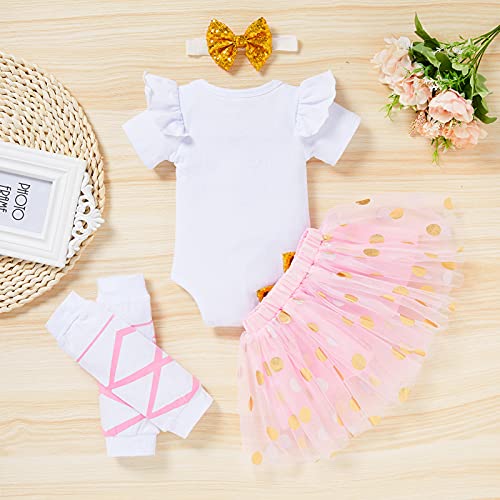 Newborn Baby Girl Skirt Set Infant Letter Print Romper+Tutu Skirt+Headband+Legging Warmer Clothes Outfit (Dot Pink, 0-3 Months)