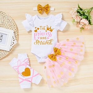 Newborn Baby Girl Skirt Set Infant Letter Print Romper+Tutu Skirt+Headband+Legging Warmer Clothes Outfit (Dot Pink, 0-3 Months)