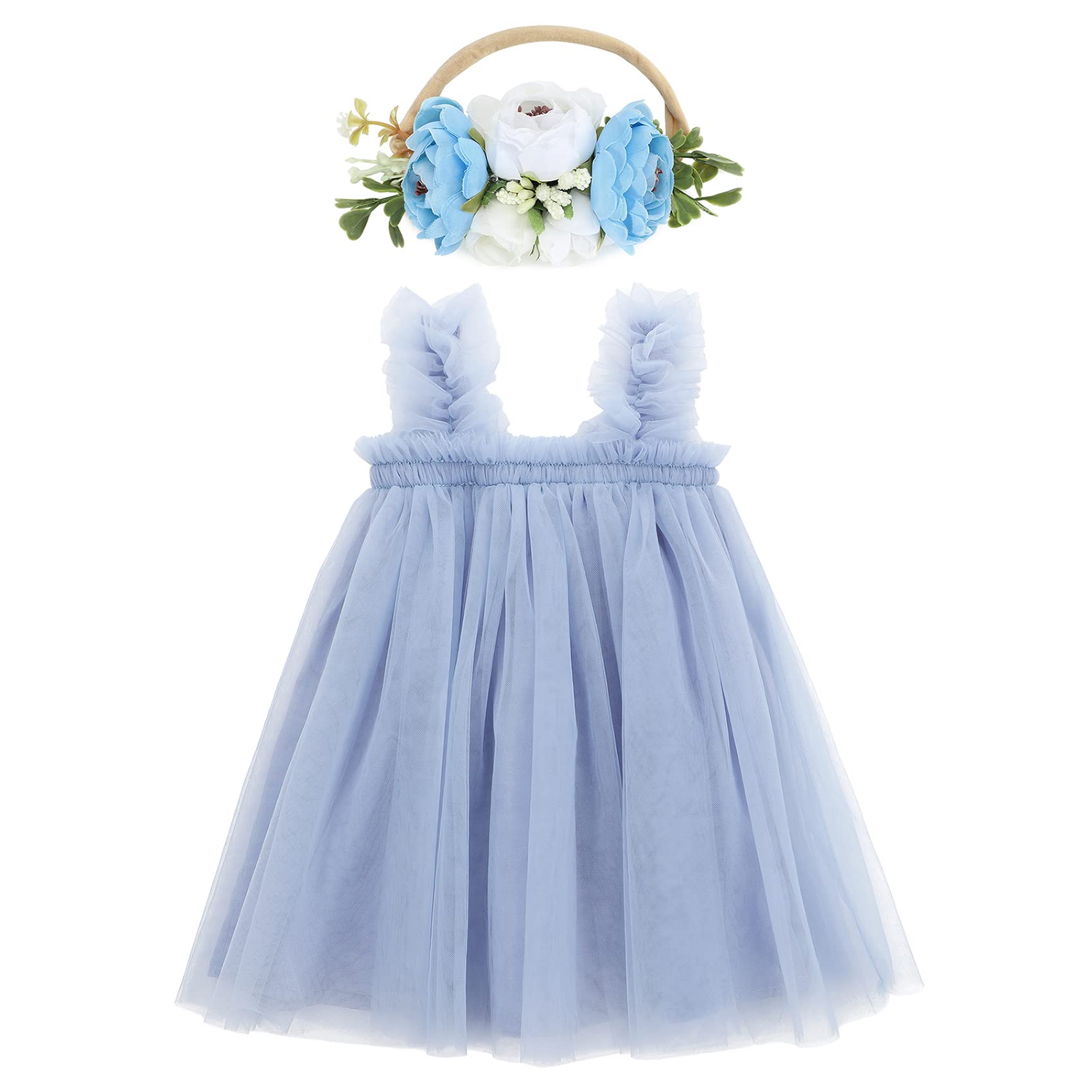 Durio Tutu Dresses for Toddler Girls Birthday Outfit Girl Baby Girl Tulle Dress Infant Dress with Flower Headband Dusty Blue 6-9 Months