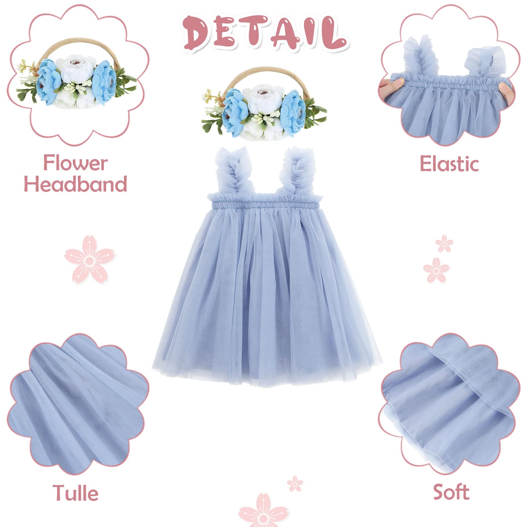 Durio Tutu Dresses for Toddler Girls Birthday Outfit Girl Baby Girl Tulle Dress Infant Dress with Flower Headband Dusty Blue 6-9 Months