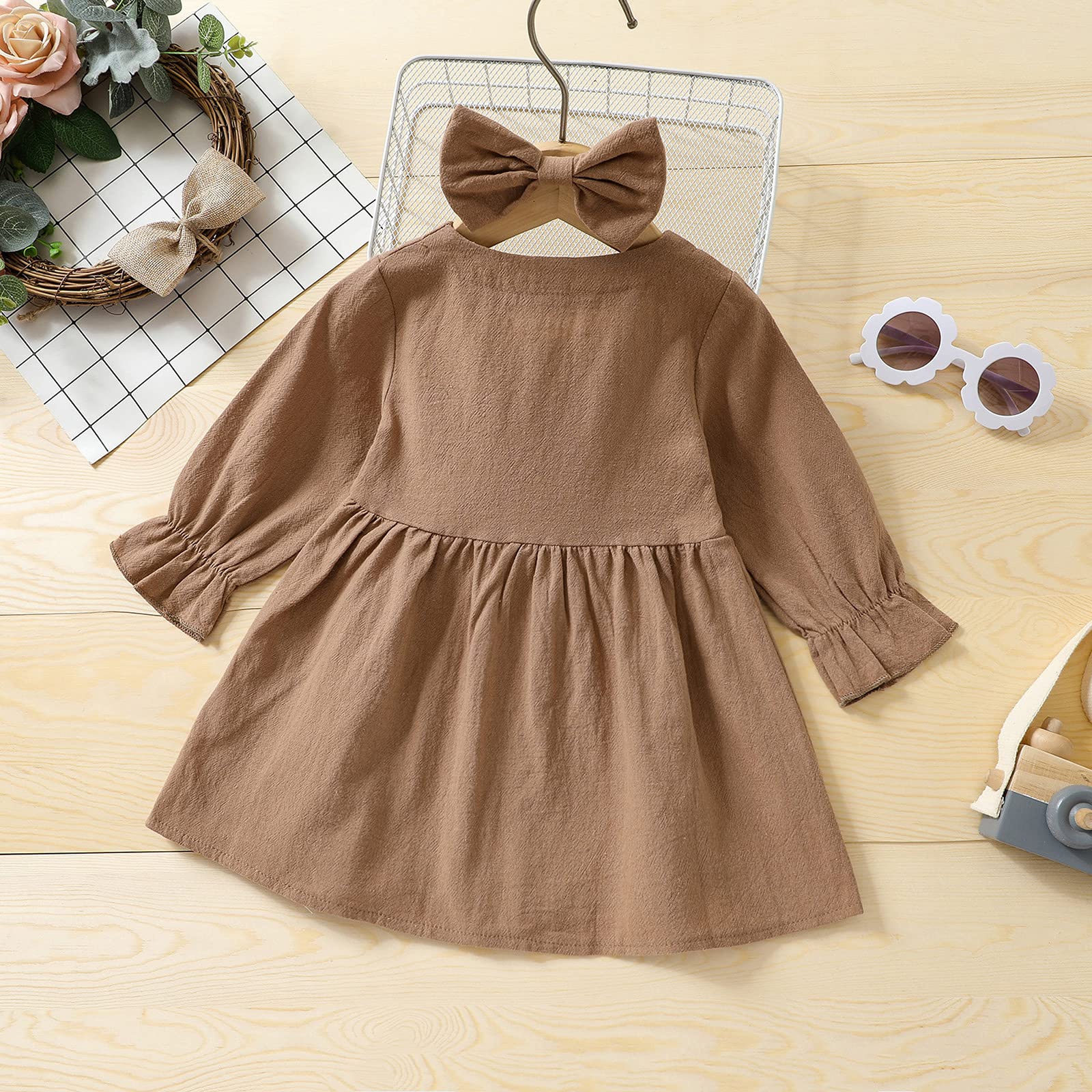 VISGOGO Baby Kids Girl Dresses Outfit Solid Color Long Sleeves Single-Breasted Dress + Headband 2Pcs Clothes (Khaki, 12-18 Months)