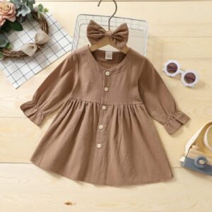 VISGOGO Baby Kids Girl Dresses Outfit Solid Color Long Sleeves Single-Breasted Dress + Headband 2Pcs Clothes (Khaki, 12-18 Months)