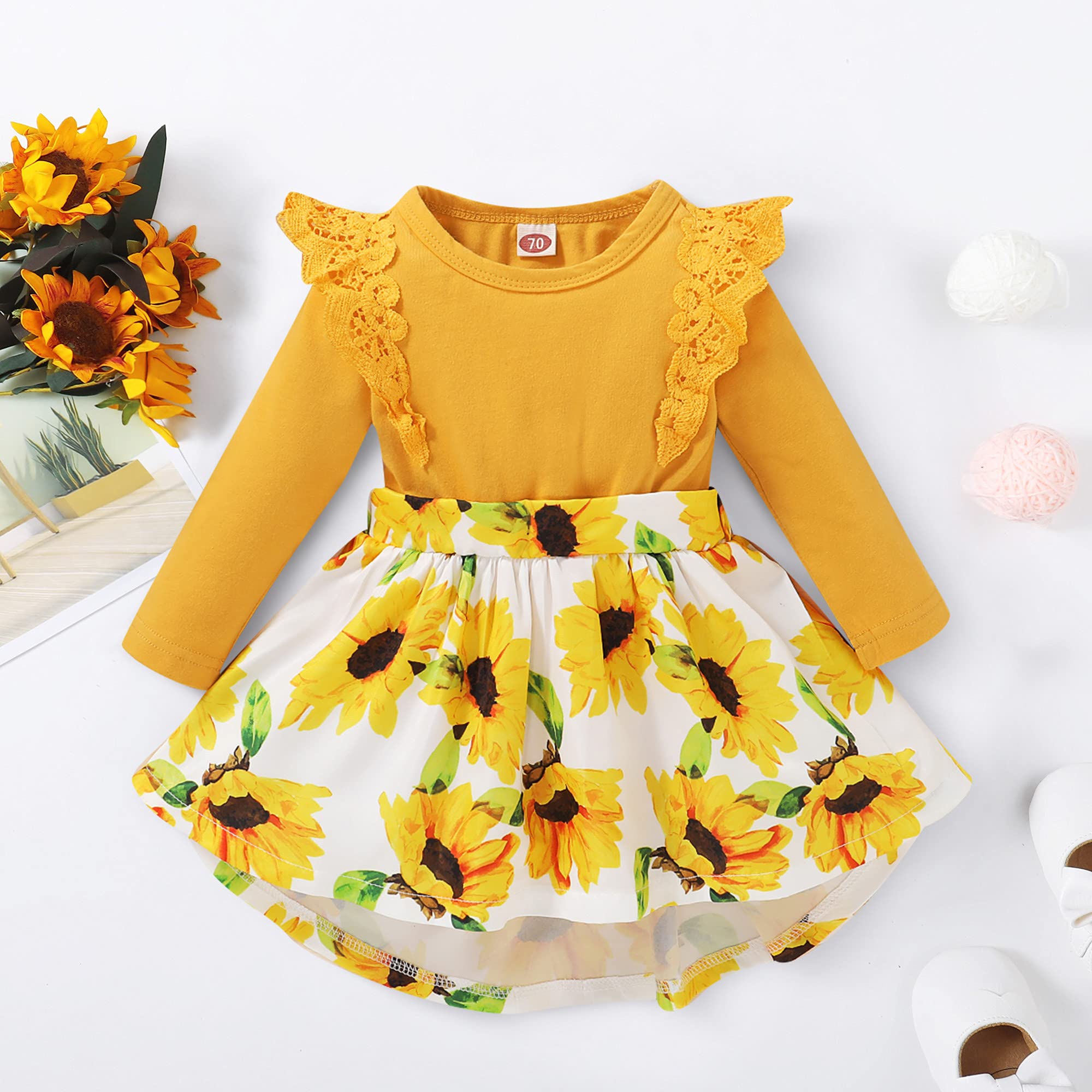 Baby Girl Dresses Newborn Girl Clothes Cotton Long Sleeve Dress Floral Romper Skirt Winter Baby Girl Outifts 3-6 Months Yellow