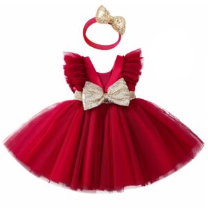 klfflgid baby girl sequins bowknot dresses toddler flower girl birthday wedding party dresses for girls pageant ball gown size 90 (wine red)