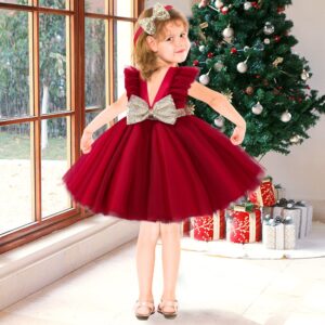 KLFFLGID Baby Girl Sequins Bowknot Dresses Toddler Flower Girl Birthday Wedding Party Dresses for Girls Pageant Ball Gown Size 90 (Wine Red)