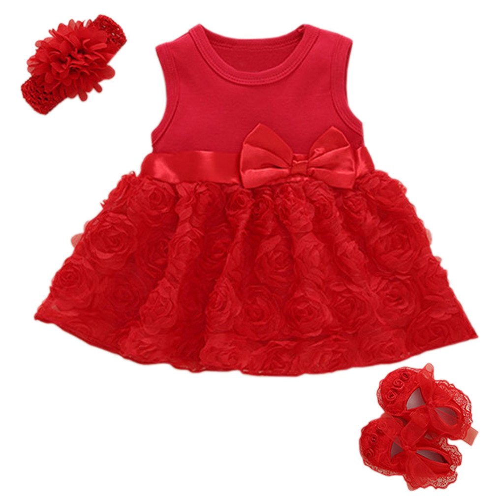 Niyage Baby Girls Clothes Dress Headband Shoes 3 Pcs Set Flowers Party Outfit Floral Dress-Red 0-3 Months