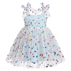 1st Birthday Dress for Baby Girl Toddler Kids First One Year Old Party Princess Dress 2nd 3rd Smash Cake Photo Shooting Spaghetti Straps Bowknot Polka Dots Layered Tulle Tutu Dress Light Blue 12-18M