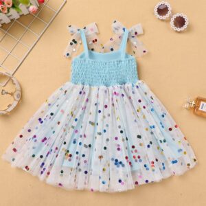 1st Birthday Dress for Baby Girl Toddler Kids First One Year Old Party Princess Dress 2nd 3rd Smash Cake Photo Shooting Spaghetti Straps Bowknot Polka Dots Layered Tulle Tutu Dress Light Blue 12-18M