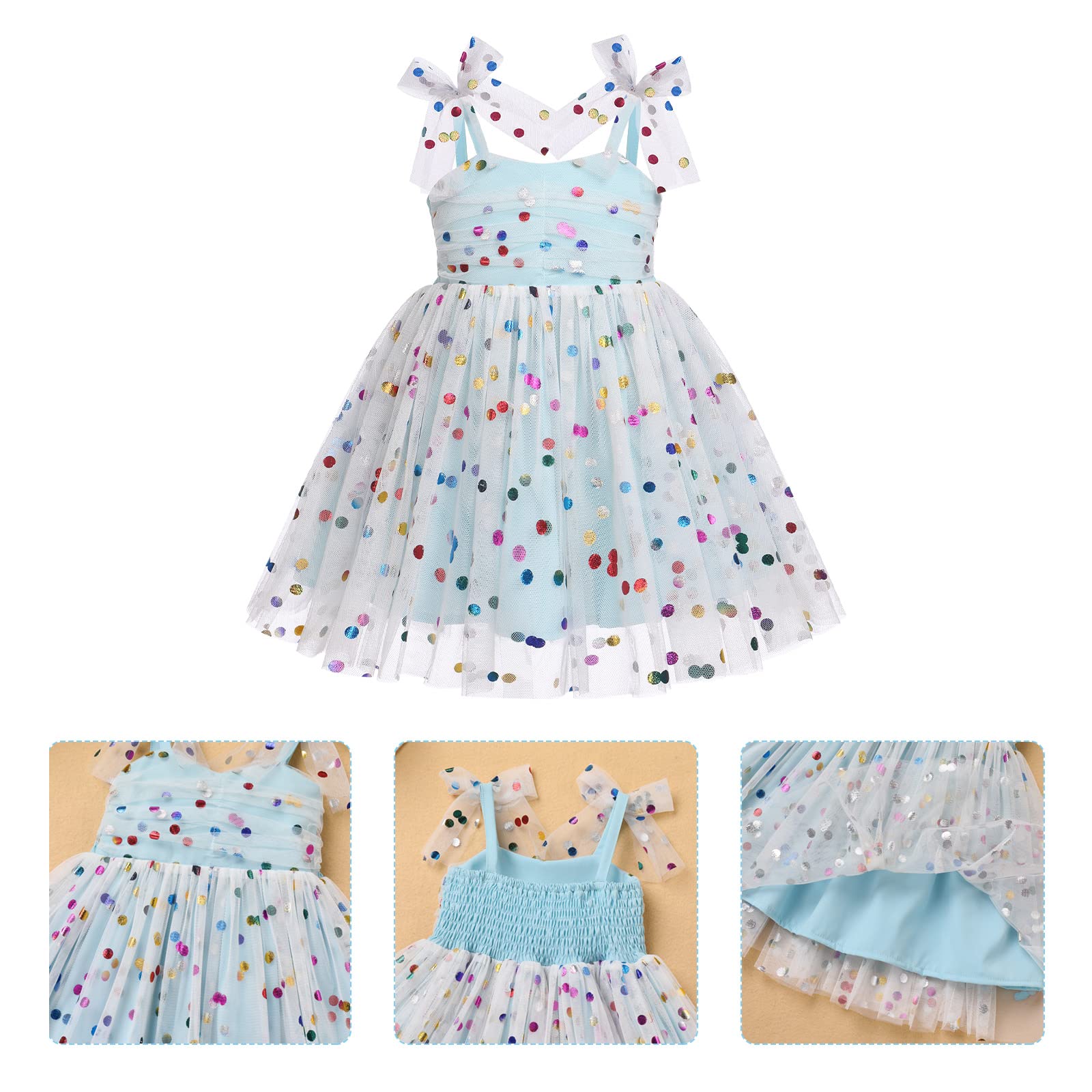 1st Birthday Dress for Baby Girl Toddler Kids First One Year Old Party Princess Dress 2nd 3rd Smash Cake Photo Shooting Spaghetti Straps Bowknot Polka Dots Layered Tulle Tutu Dress Light Blue 12-18M