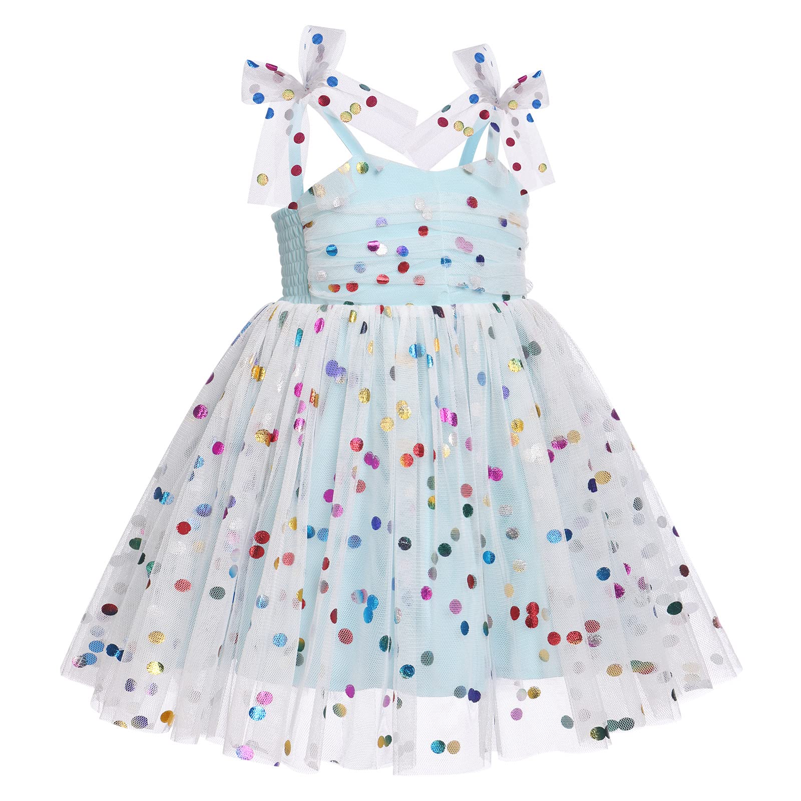 1st Birthday Dress for Baby Girl Toddler Kids First One Year Old Party Princess Dress 2nd 3rd Smash Cake Photo Shooting Spaghetti Straps Bowknot Polka Dots Layered Tulle Tutu Dress Light Blue 12-18M