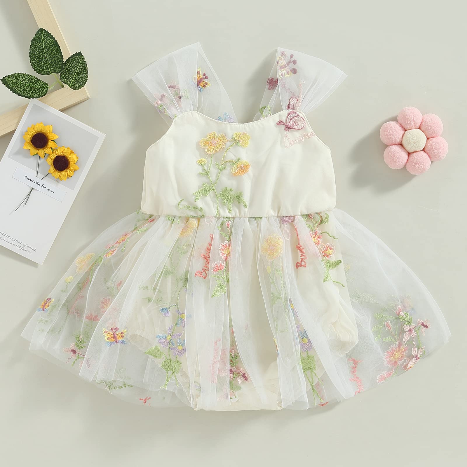 Newborn Baby Girl Embroidered Romper Dress Infant Girls Floral Sleeveless Bodysuit Mesh Tutu Tulle Dresses Summer Outfits (White,6-12 Months)