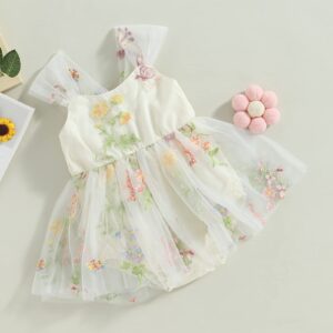 Newborn Baby Girl Embroidered Romper Dress Infant Girls Floral Sleeveless Bodysuit Mesh Tutu Tulle Dresses Summer Outfits (White,6-12 Months)