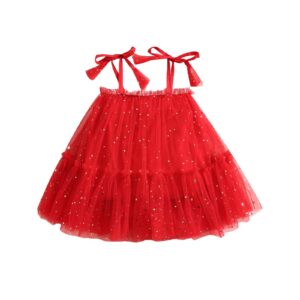 Baby Girl Tulle Dress Toddler Christmas Valentines Clothes Sleeveless Tied Layered Sequin Princess Dresses(Red,6-12M)