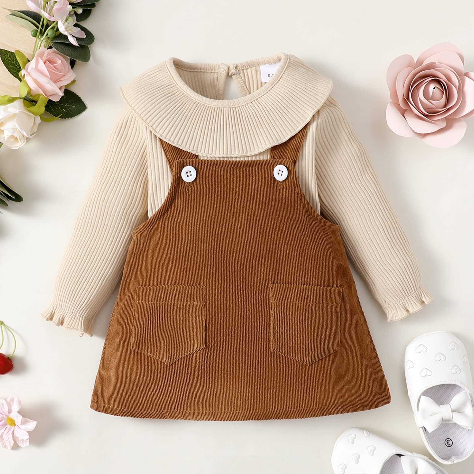 Weixinbuy Baby Girl Clothes Set Long Sleeve Ribbed Romper Top Pocket Suspender Skirt Newborn Girl Dresses Outfits