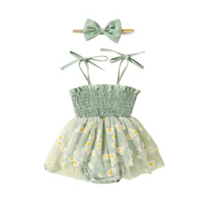 nyapruwe newborn infant baby girl romper dress spaghetti straps floral print romper with headband summer clothes outfits (green, 0-3 months)