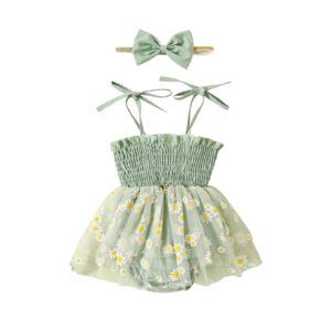 Nyapruwe Newborn Infant Baby Girl Romper Dress Spaghetti Straps Floral Print Romper with Headband Summer Clothes Outfits (Green, 0-3 Months)