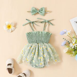 Nyapruwe Newborn Infant Baby Girl Romper Dress Spaghetti Straps Floral Print Romper with Headband Summer Clothes Outfits (Green, 0-3 Months)